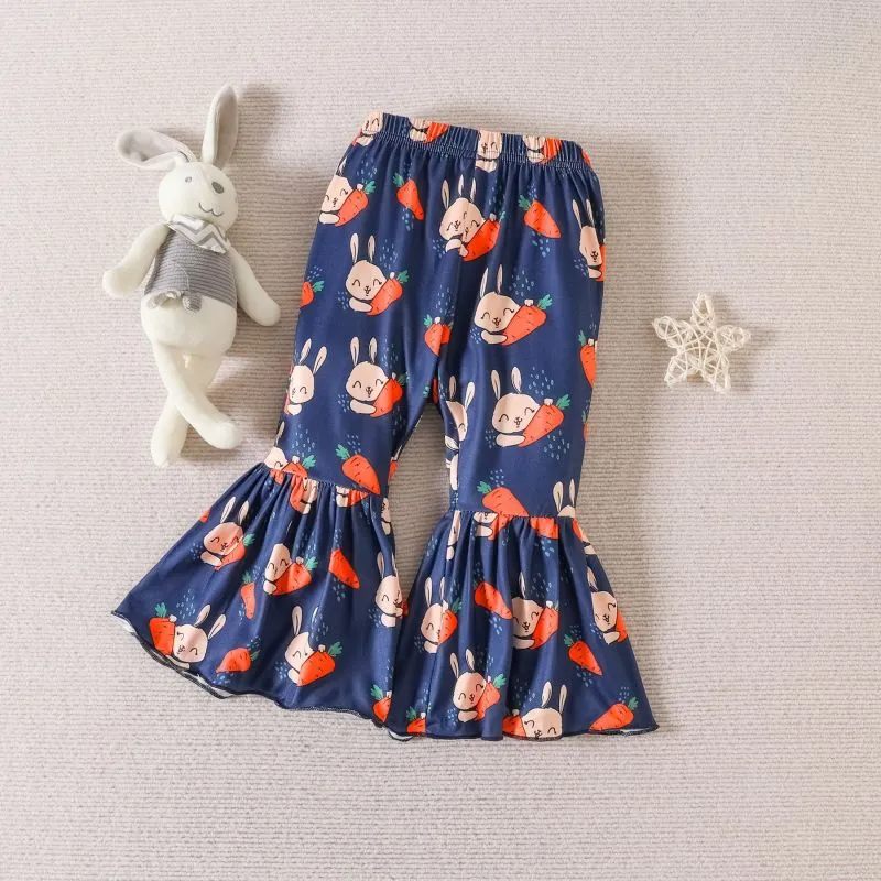 Kids Toddler Girls Casual Cute Easter Day Cartoon Rabbit Letter Print Short Sleeve Round Neck T-Shirt Flare Trousers Set