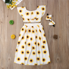 Girls Fashion Sunflower Pattern Ruffled Tops And Culotte With Headband Set