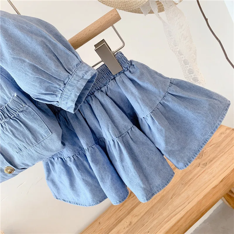 Girls Basic Puff Sleeve Lapel Single-Breasted Top And Skirt Denim Two-Piece Set