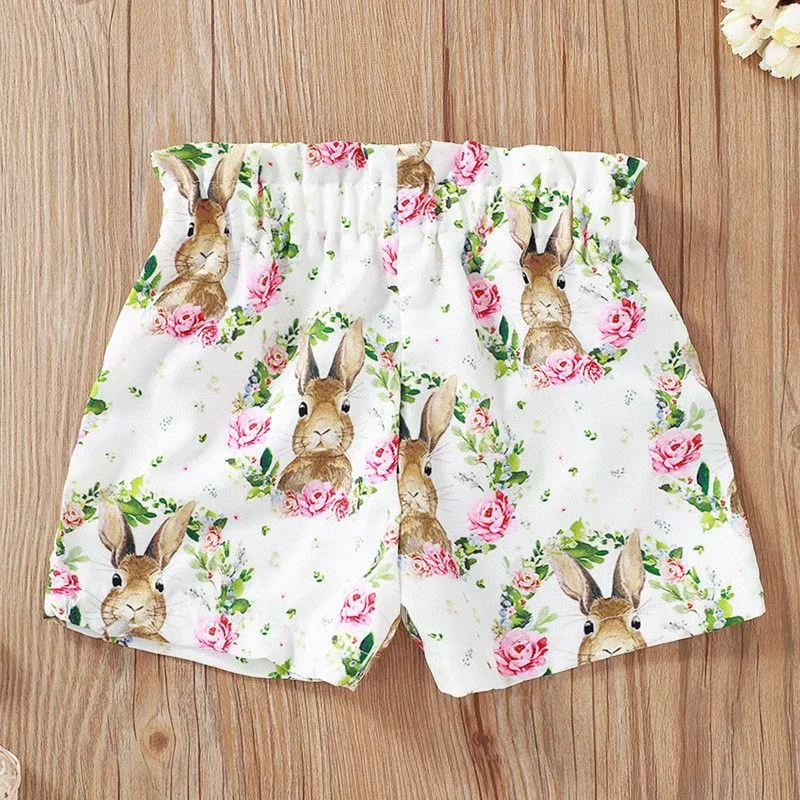 2 Pcs Set Girl Flower Rabbit Print Tops And Shorts