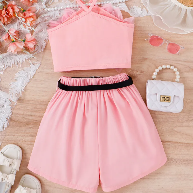 Kids Toddler Girls Casual Cute Sweet Solid Color Mesh Camisole Shorts Set