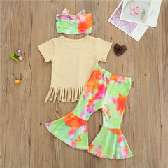 Girls Fashion Tassel Design Tops And Tie-Dye Bell-Bottoms White Headband