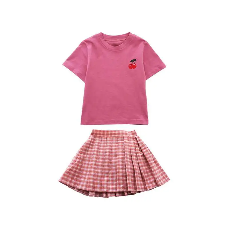 2pcs/Set Girls Plaid Skirt Fruit Print T-Shirt Set