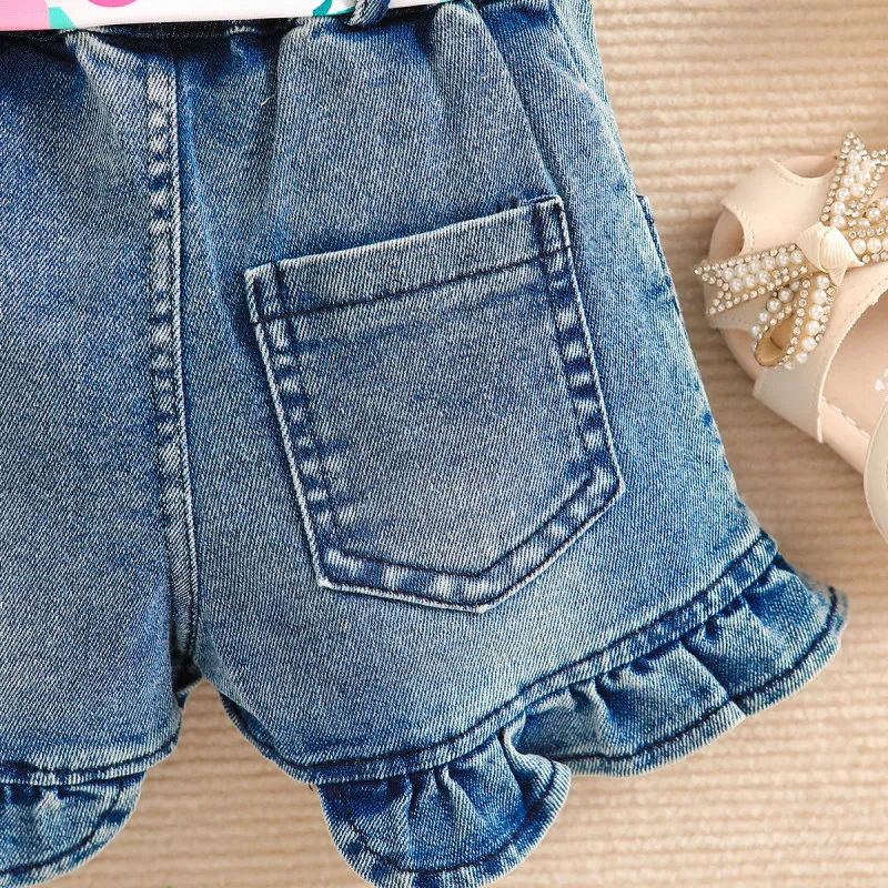 Kids Girl Cute Flamingo Top Denim Shorts Two-Piece Set