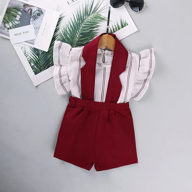 Girls Ruffled Striped Blouse And Straps Shorts Set