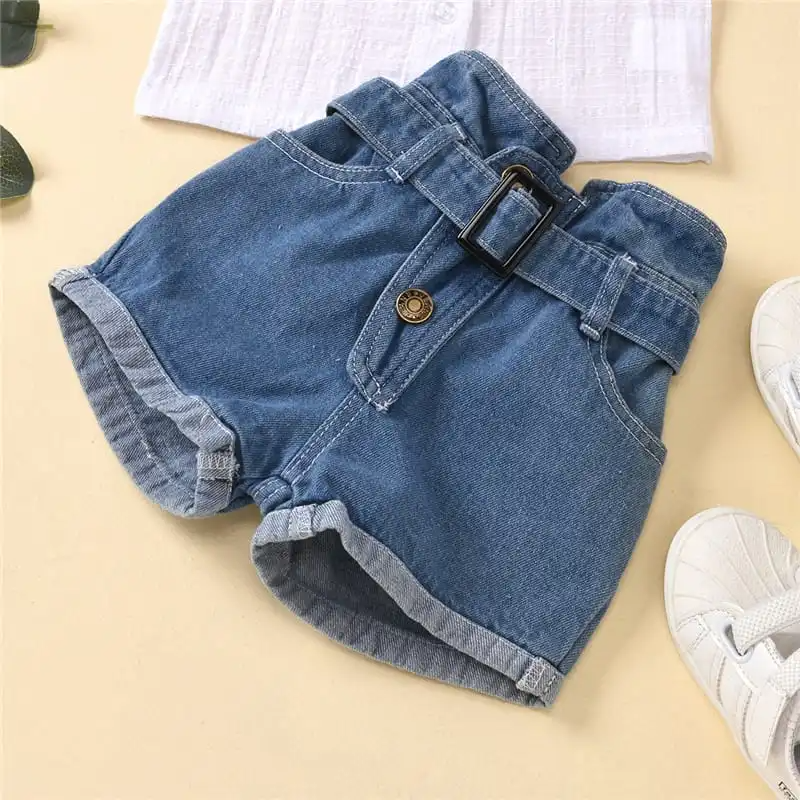 Girls Lace Design Single-Breasted Tops And Denim Shorts Set