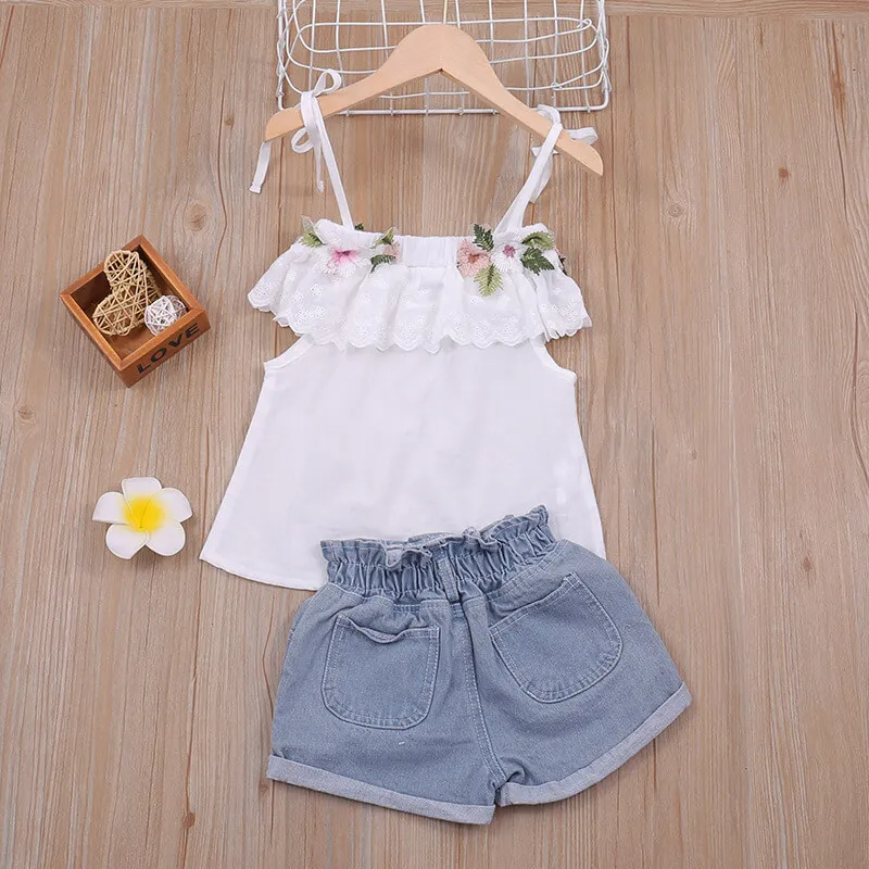 Girls Fashion Off-The-Shoulder Flower Decor Tops And Ripped Jean Shorts Set