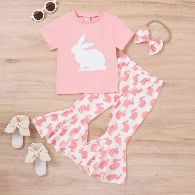 Kids Toddler Girls Casual Cute Easter Alphabet Cartoon Rabbit Print Short Sleeve Round Neck T-Shirt Flare Trousers Set