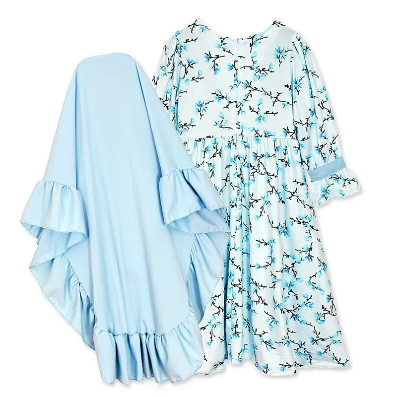 Children Kids Baby Fashion Girls Long-Sleeved Flower Print Dress And Headscarf Muslim 2pc Set