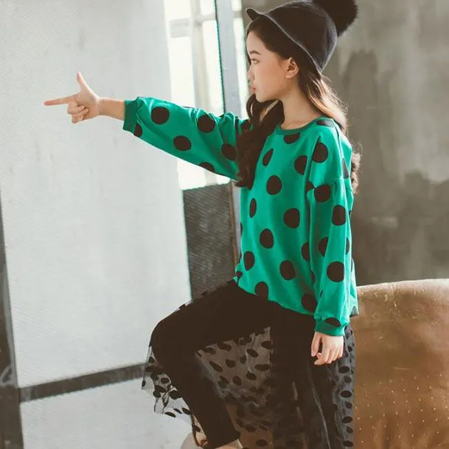 2 Pcs Set Junior Girl Black Dot Print Tops And Patchwork Pants