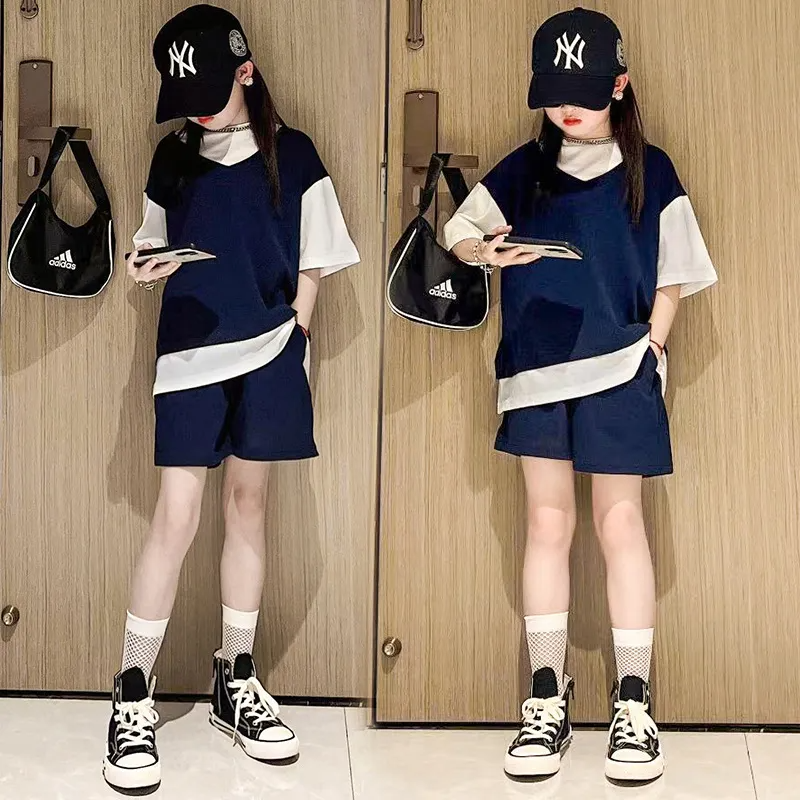 Children Kids Youth Fashion Girls Basic Casual Short Sleeve Patchwork T-Shirt And Shorts 2pcs Set