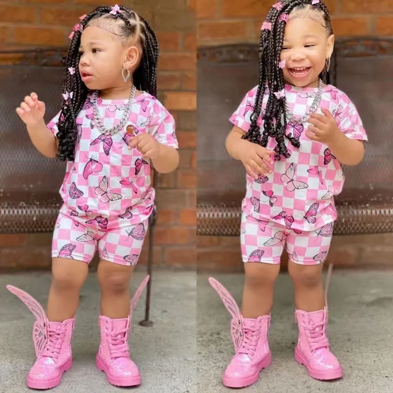 Kids Toddler Big Girls Summer Fashion Casual Sweet Cotton Color Matching Butterfly Pattern Plaid Round Neck T-Shirt Shorts Set