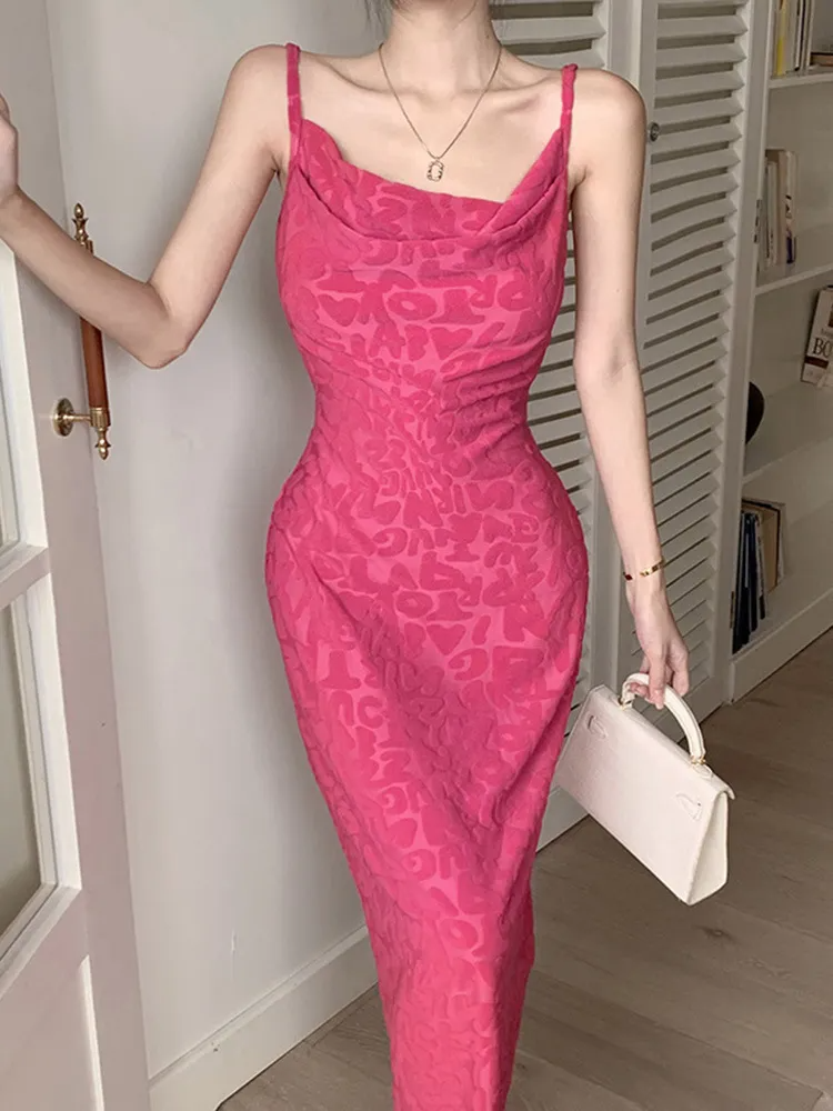 Women Elegant Fashion Alphabet Letter Jacquard Barbie Pink Strap Long Dress