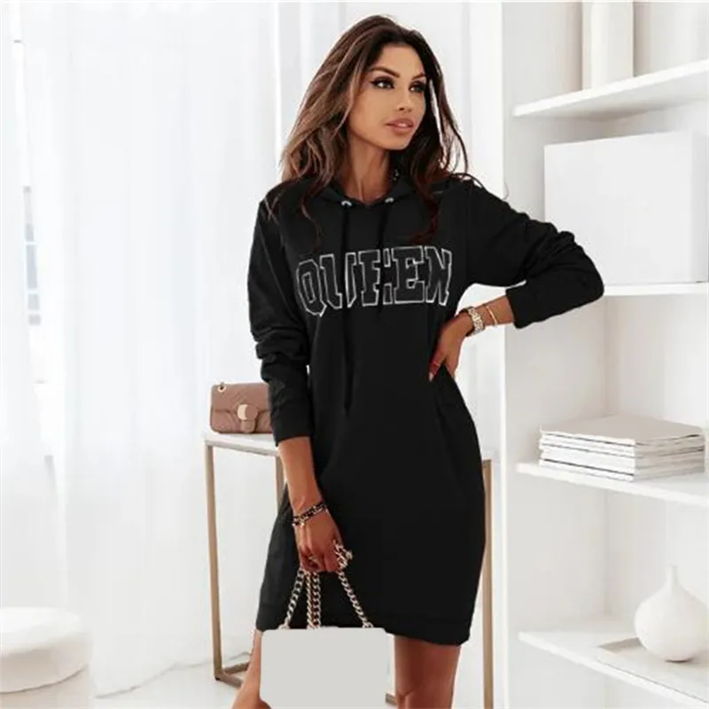 Autumn Winter Women Casual Long-Sleeved Hooded Letter Dress