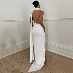 Fashion Women Solid Sexy Backless Hollow Strapless Open Side-Slit Maxi Party Dress