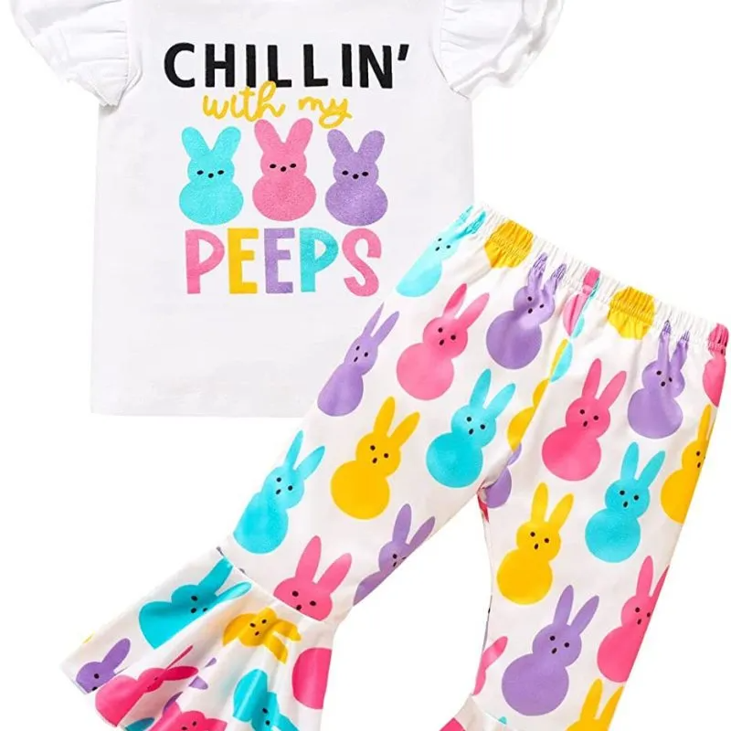 Kids Toddler Girls Casual Cute Easter Day Cartoon Rabbit Letter Print Raglan Sleeve Round Neck T-Shirt Flare Trousers Set