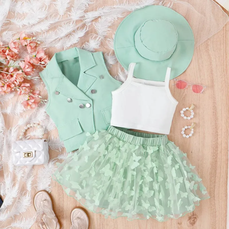 Kids Fashion Sling Butterfly Mesh Skirt Sleeveless Suit Hat Four-Piece Set