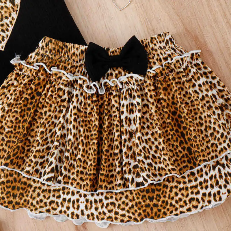 ids Toddler Girls Fashion Casual Leopard Heart-Shaped Pattern Sleeveless O Neck Vest Bow Skirt Sets