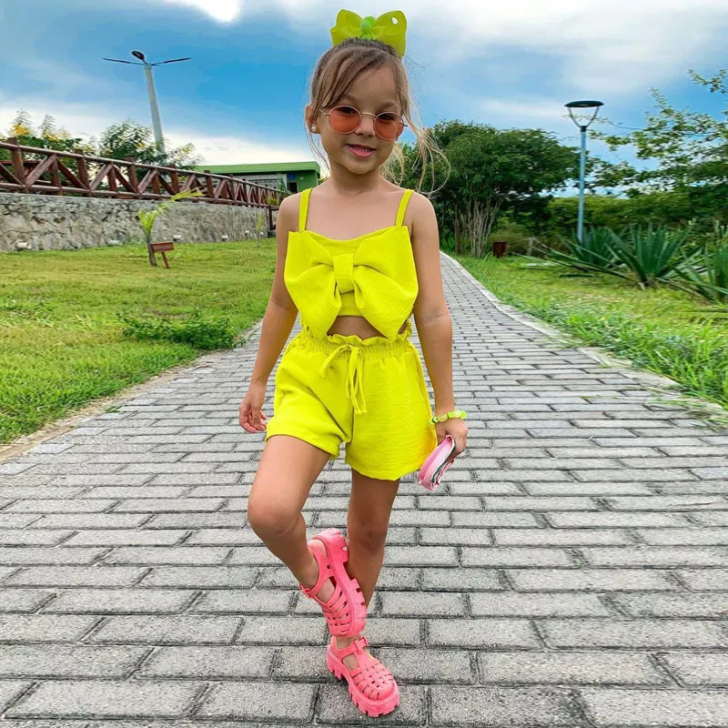 Children Kids Baby Fashion Girls Suspender Bow Knot Sleeveless Top And Shorts 2pcs Set