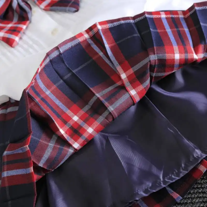 Girls Lapel Design Bowknot Decor Blouse And Plaid Skirt Set