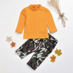 Girl Solid Color Long Sleeve Top And Camouflage Printed Pants Set