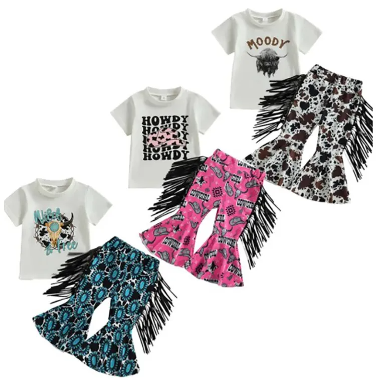 Kids Toddler Girls Casual Cute Cartoon Letters Print Short Sleeve Round Neck T-Shirt Flare Trousers Set