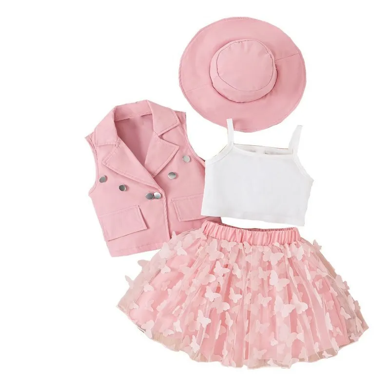 Kids Toddler Girls Fashion Casual Cute Waistcoat Vest Mesh Butterfly Skirt Sets