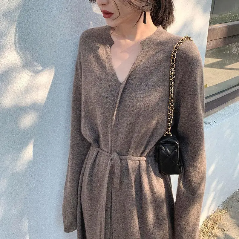 Autumn Winter Mid-Length V-Neck Solid Color Long Sleeve Knitted Dress