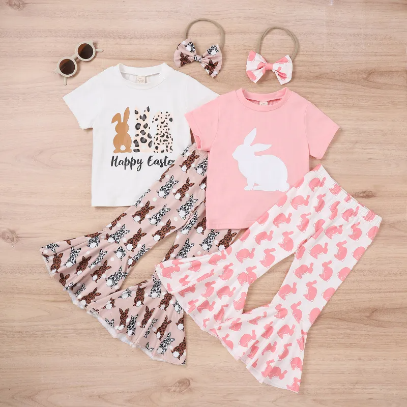 Kids Toddler Girls Casual Cute Easter Alphabet Cartoon Rabbit Print Short Sleeve Round Neck T-Shirt Flare Trousers Set