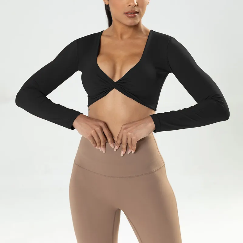 Women'S Sports Long Sleeve Fitness Deep V Neck Slim Fit Breathable Navel Yoga Clothes Top