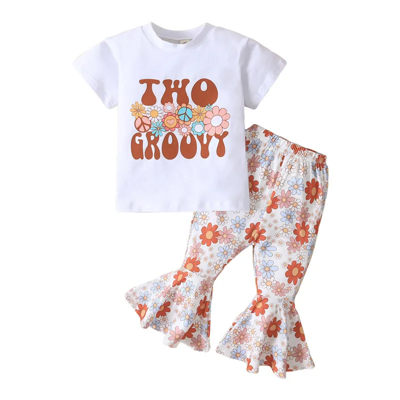 Kids Toddler Girls Summer Fashion Casual Sweet Cotton Letter Round Neck T-Shirt Tiny Flower Flower Trousers Set