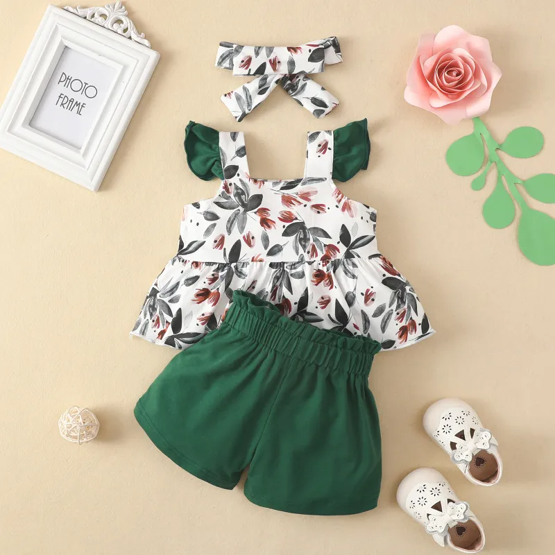 Kids Toddler Girls Casual Cute Bow Leaves Floral Strawberry Floral Sleeveless Top Shorts Sets