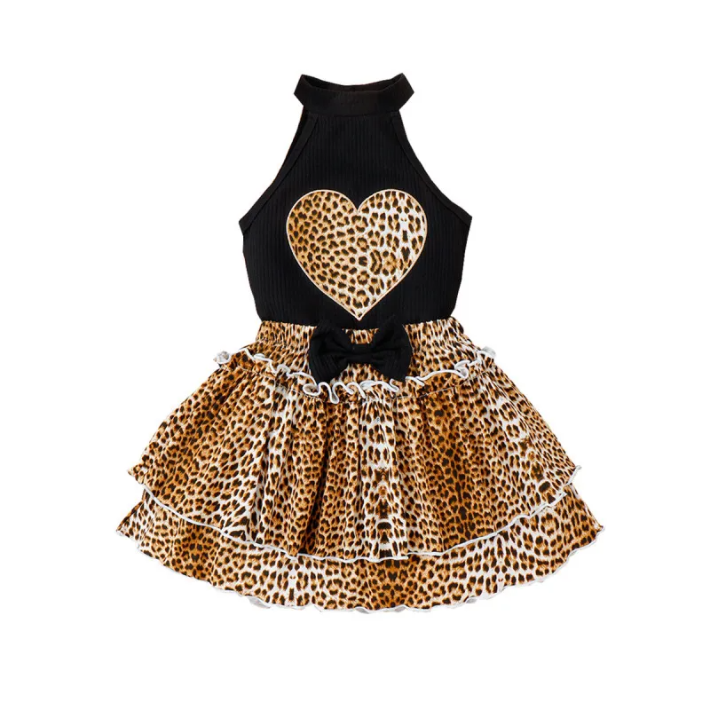 ids Toddler Girls Fashion Casual Leopard Heart-Shaped Pattern Sleeveless O Neck Vest Bow Skirt Sets