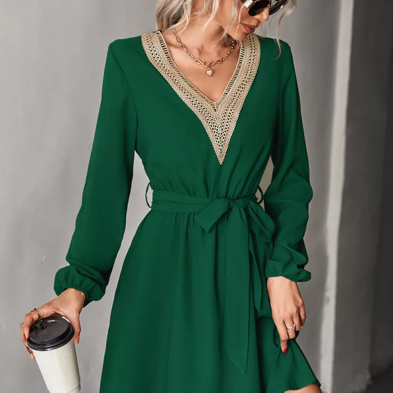 Autumn Winter Women Fashion V Neck Lace Long Sleeve Casual Dress