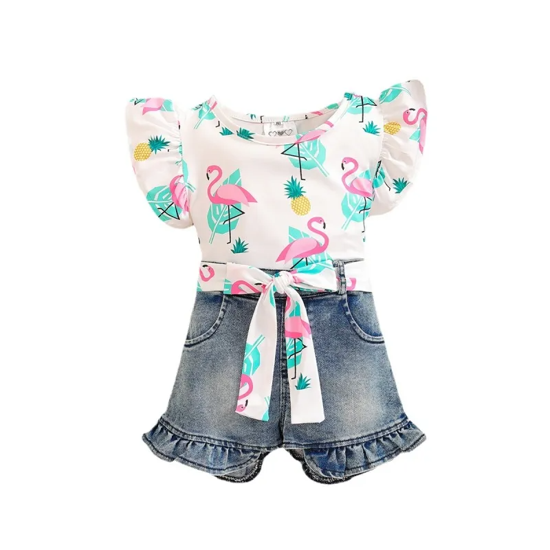 Kids Girl Cute Flamingo Top Denim Shorts Two-Piece Set