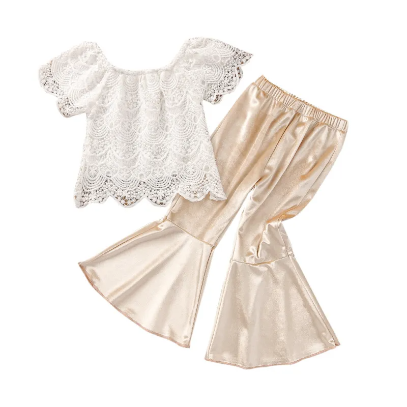 Children Kids Baby Fashion Girls Short Sleeve Flower Lace Top And Flared Pants 2pc Set