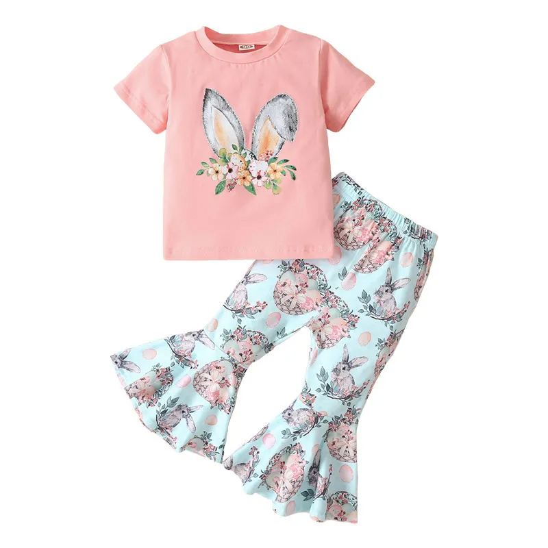 Kids Toddler Girls Summer Fashion Casual Sweet Easter Cotton Round Neck T-Shirt Bunny Pattern Flare Trousers Set