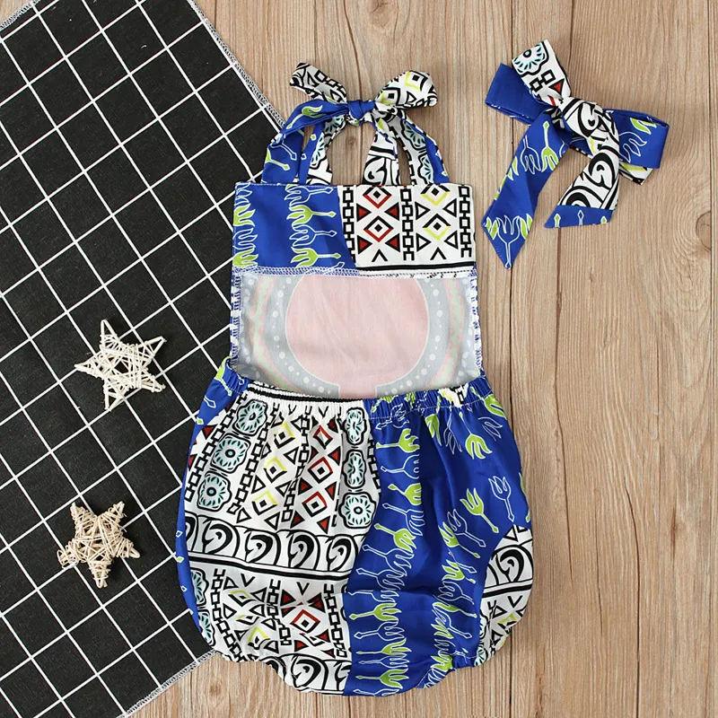 Ethnic Style Sleeveless Printed Halterneck Romper With Headband Set