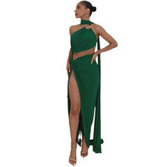 Fashion Women Solid Sexy Backless Hollow Strapless Open Side-Slit Maxi Party Dress