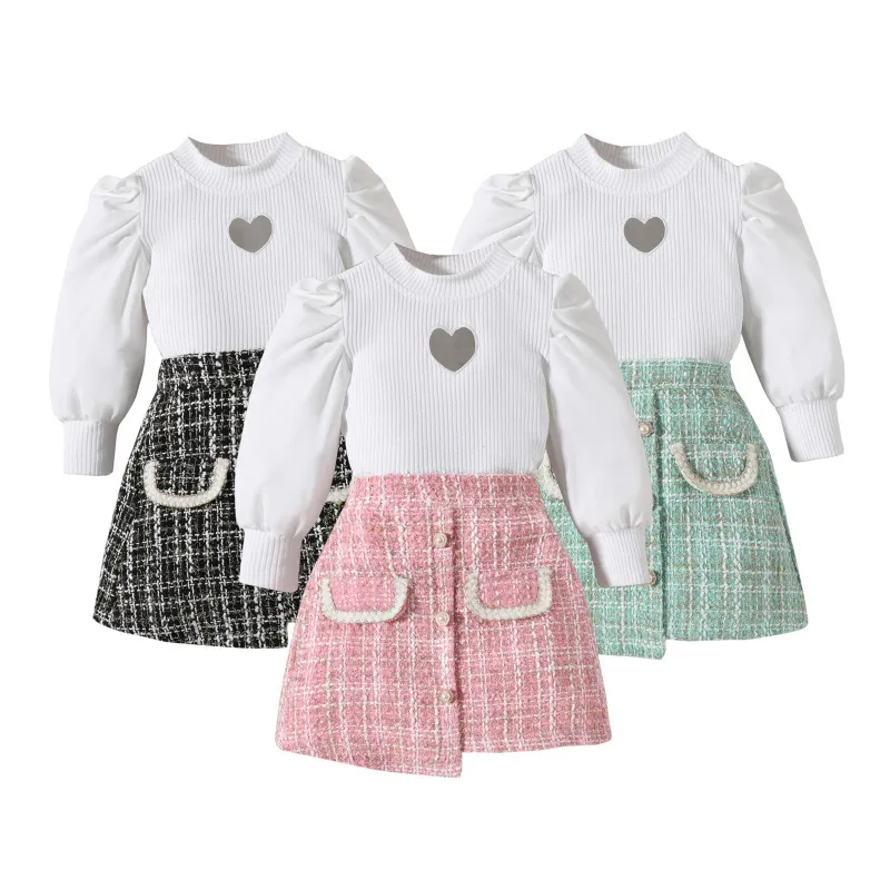 Kids Toddler Girls Autumn Fashion Casual Chic Stripe Heart Shaped Hollow Long Sleeve Sweater Played Skirt Sets