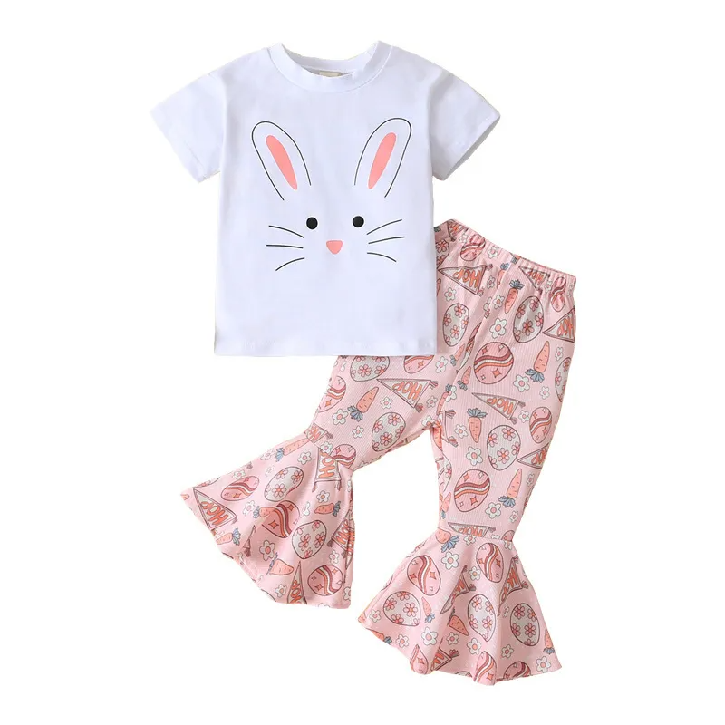 Kids Toddler Girls Summer Fashion Casual Easter Cotton Cartoon Bunny Round Neck Short Sleeve Flare Trousers Set