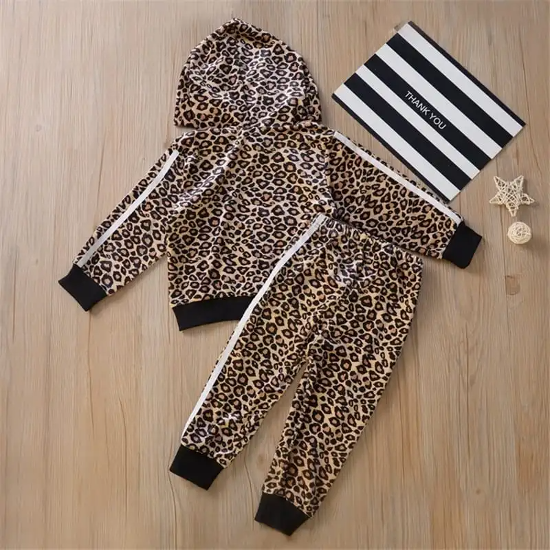 Kids Long-Sleeves Ear Design Leopard Printed Hoodie And Pants Set