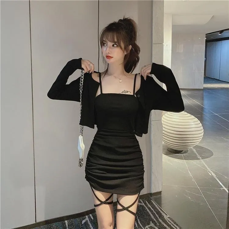 Autumn Women Edgy Sexy Elegant Basic Solid Color Long Sleeves Top And Irregular Dress Set