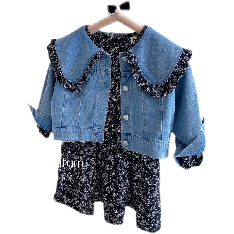 Children Kids Toddler Girls Lapel Denim Top And Flower Dress 2pcs Set