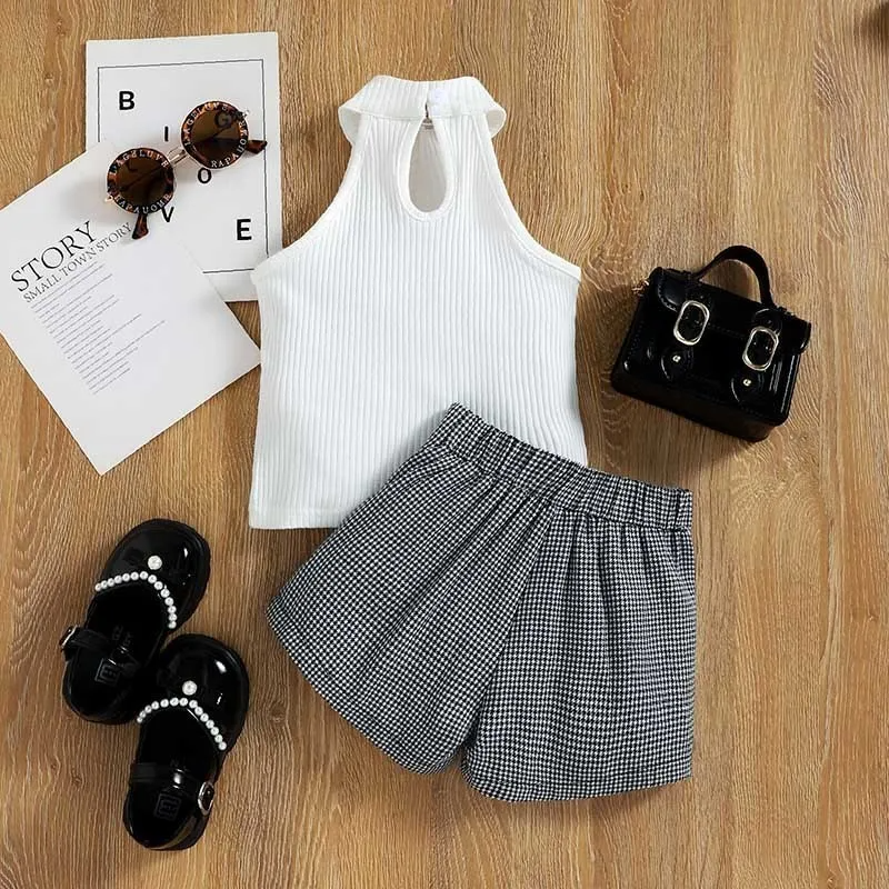 Kids Toddler Girls Fashion Casual Cute Stripe Sleeveless Round Neck Top Houndstooth Print Shorts Set