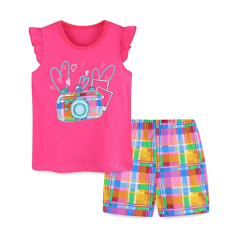 Kids Toddler Girls Casual Cute Cartoon Print Fluttering Sleeve Round Neck T-Shirt Plaid Shorts Set