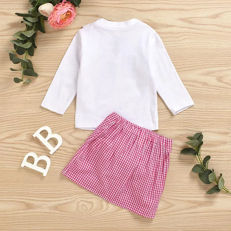 Girl Solid Color Bownot Decor Top And Plaid Skirt Set