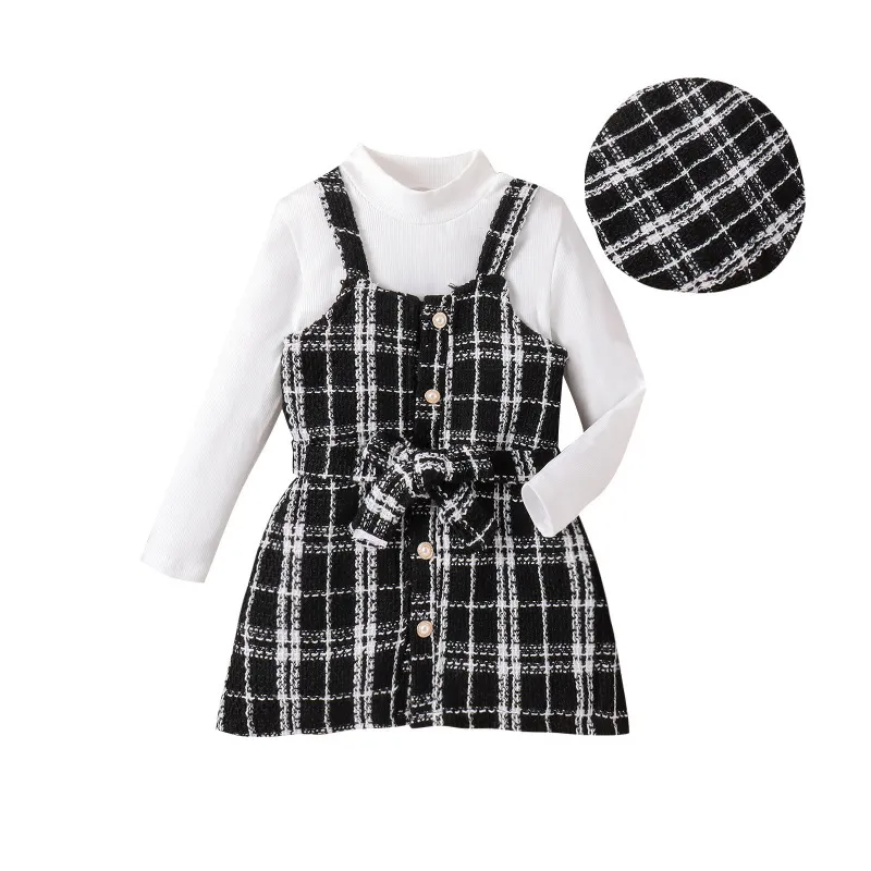 Kids Toddler Girls Autumn Winter Fashion Casual Solid Color Long Sleeve Turtle Neck T-Shirt Plaid Suspenders Dress Sets