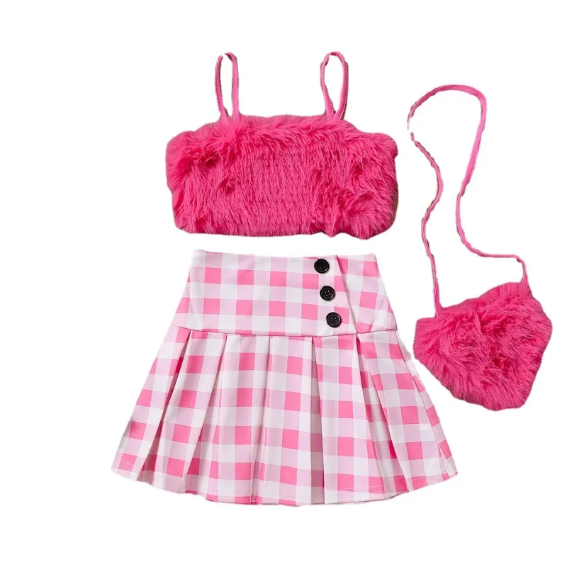 Kids Toddler Girls Casual Cute Sweet Solid Color Plush Cami Tube Top Plaid Skirt Set