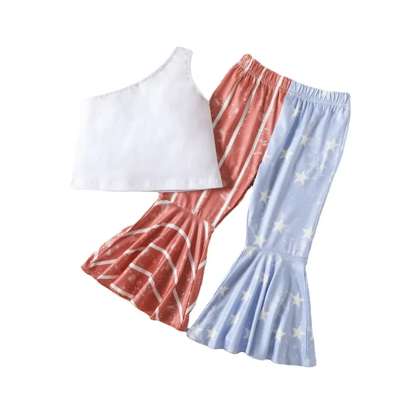 Children Kids Baby Fashion Girls Slanted Shoulders Letter Print And Star Flared Pants 2pcs Set